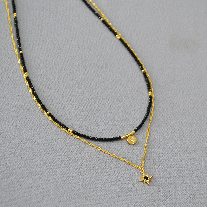 法式小众设计复古黑尖晶串珠星星吊坠双层链条叠戴简约气质项链女详情13