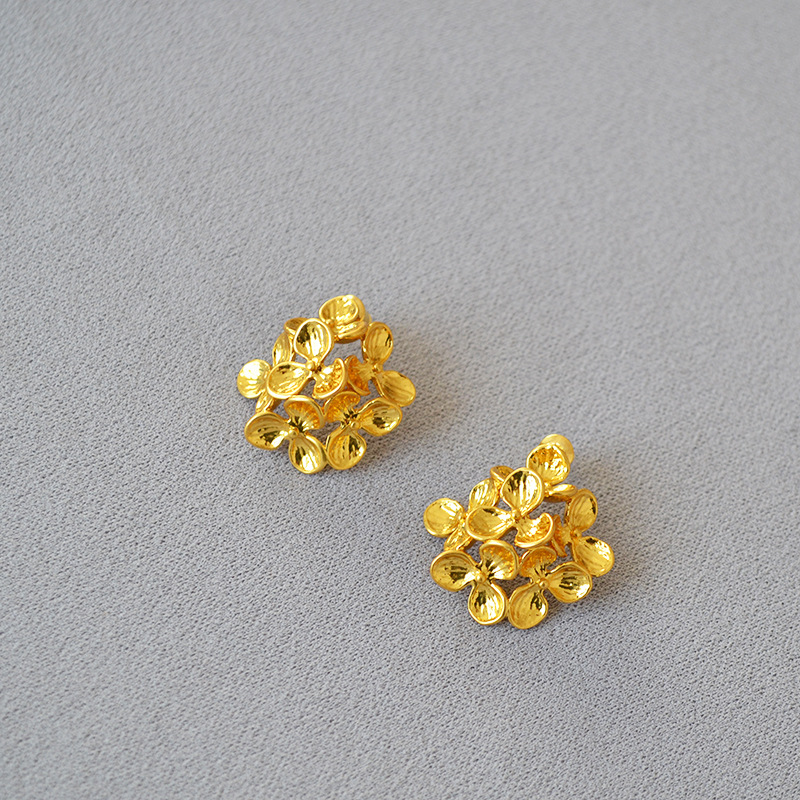 日系小众设计复古文艺立体层叠花朵黄铜镀金925银耳针耳钉耳饰女详情7