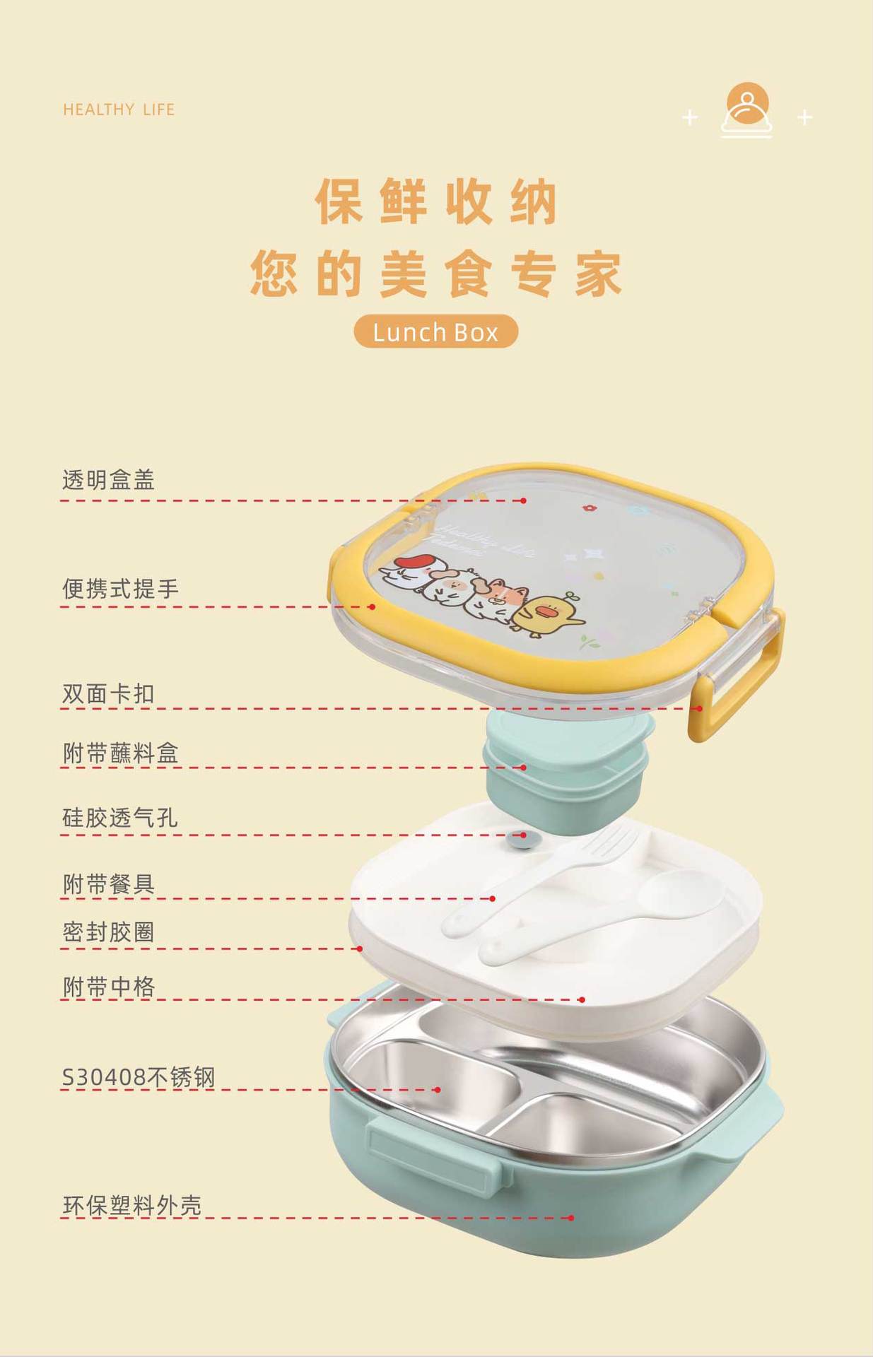 304不锈钢 塑料款 儿童分格三格饭盒带提手餐具带酱料盒餐盒便当详情9