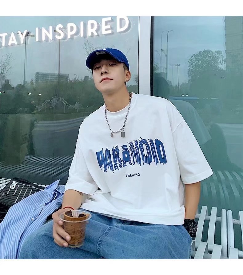 Pure cotton short-sleeved T-shirt for men, loose Hong Kong trend brand round-neck top, new letter-printed half-sleeved T-shirt pic 10