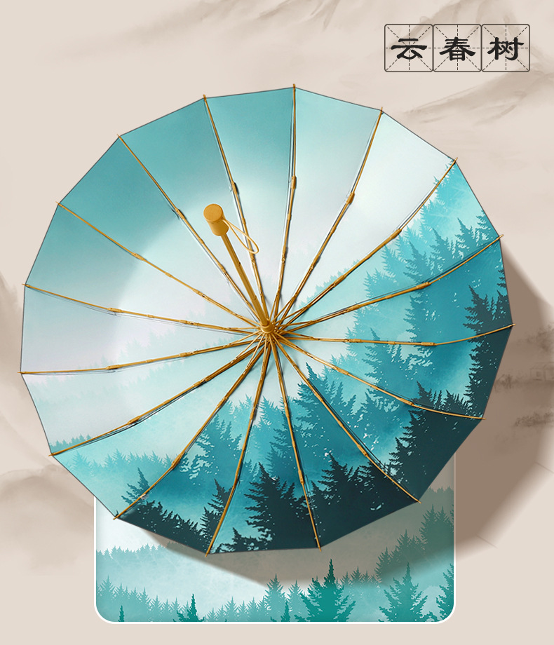 16骨手开三折晴古风雨伞实木手柄遮阳伞黑胶防晒太阳伞一件代发详情23