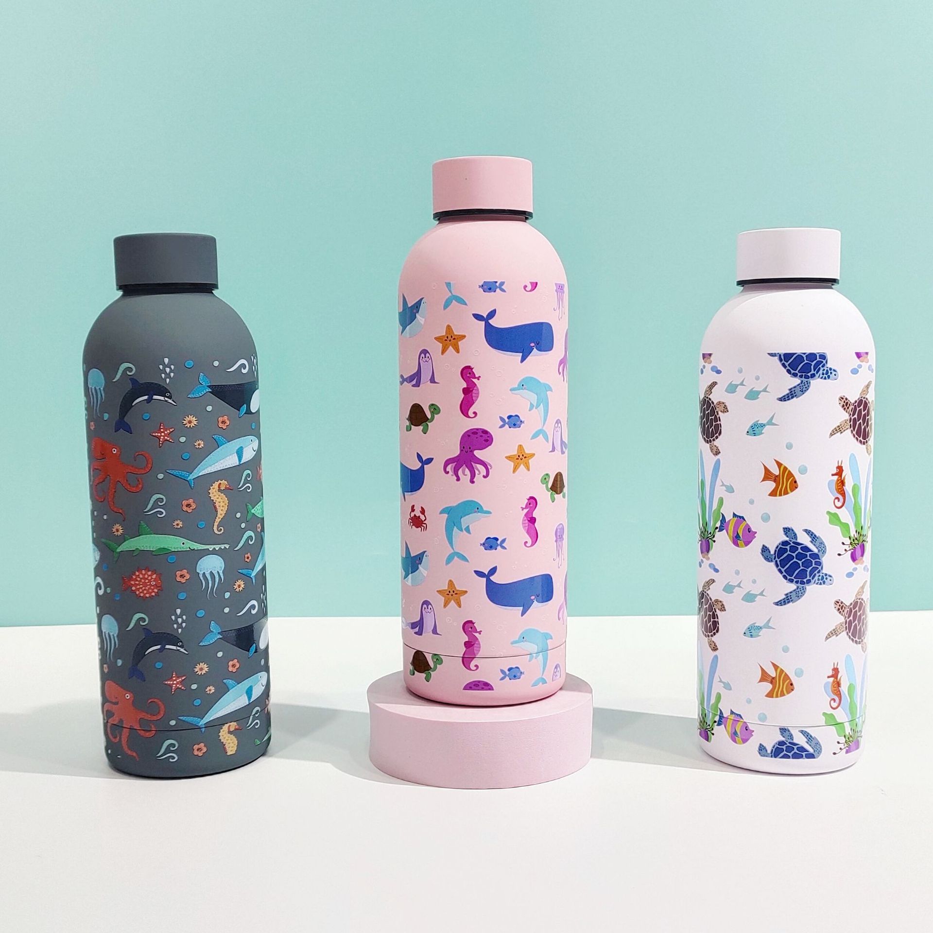 外贸新款不锈钢小口瓶保温杯海洋精美图案户外便携式美式运动水瓶详情4