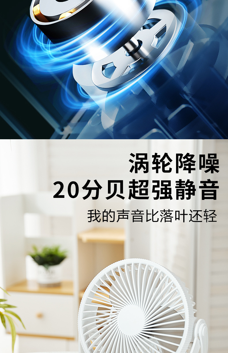 跨境360度旋转便携式静音桌面风扇 USB充电壁挂迷你办公家用风扇详情10