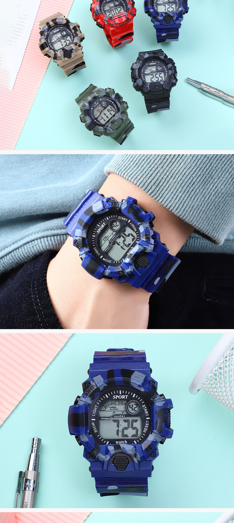 Camouflage electronic watch, student sports, luminous alarm, simple and trendy watch, fashionable watch for boys and girls, junior high school and senior high school pic 6
