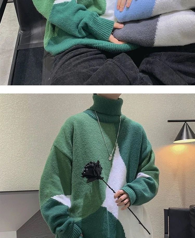 High-neck sweater for men, Hong Kong-style knitted sweater for both men and women, thick, trendy, loose and laid-back sweater for men in winter pic 16
