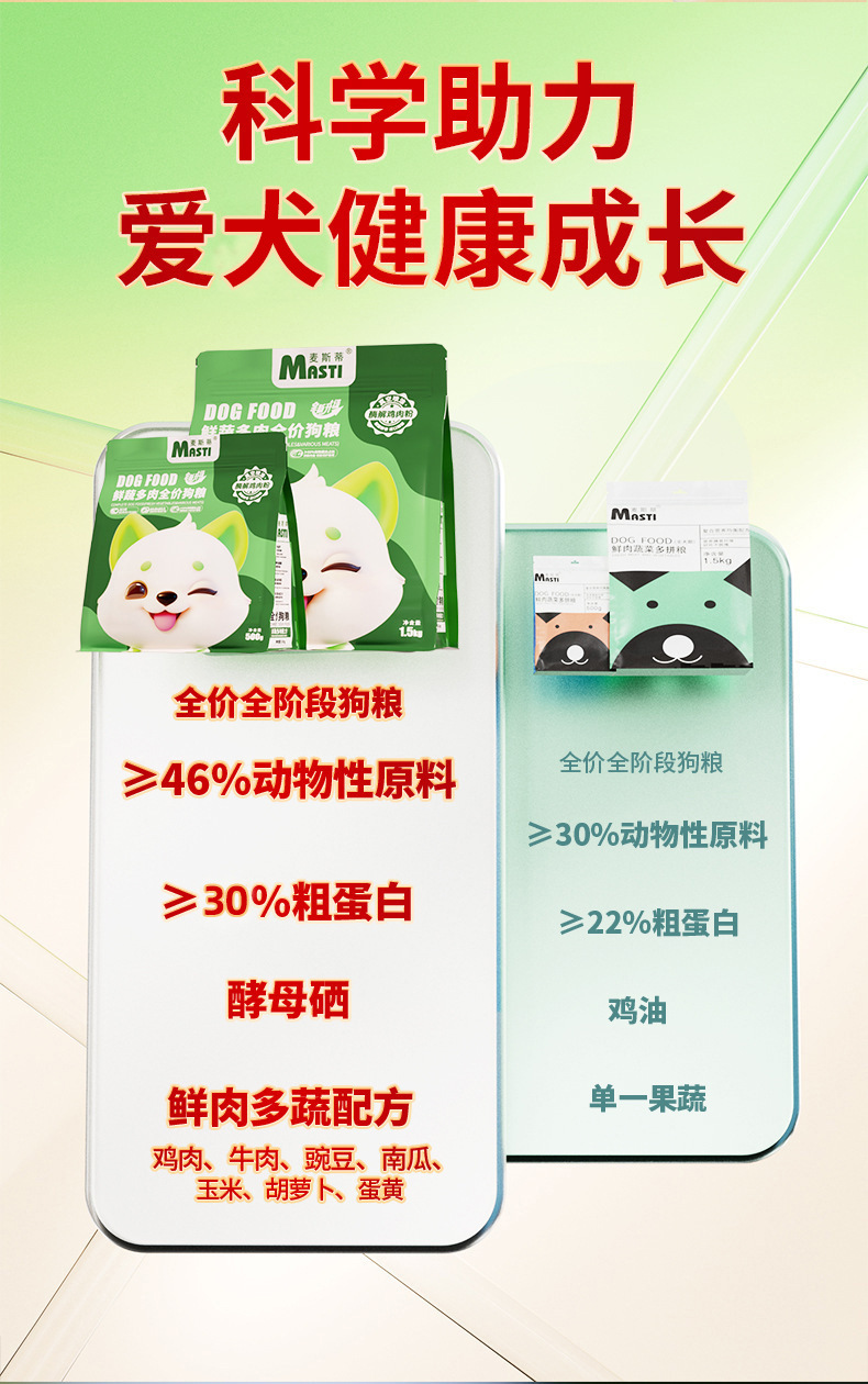 厂家直销麦斯蒂狗粮500g/1.5kg蔬菜多肉成幼犬全价通用型狗粮批发详情6