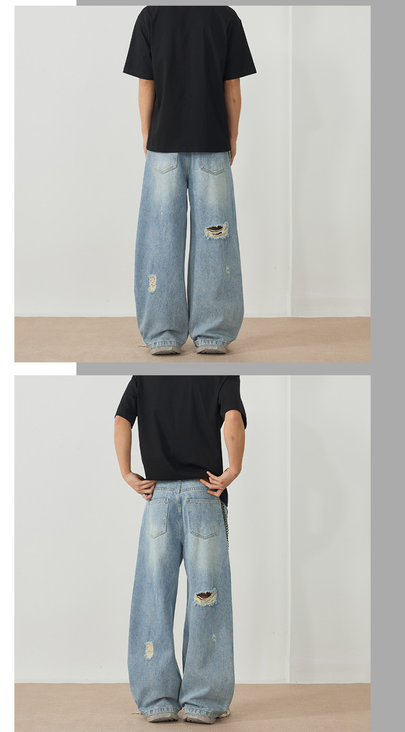 LKTM男装#春夏新款镂空破洞牛仔裤男女设计感宽松阔腿直筒长裤子详情13