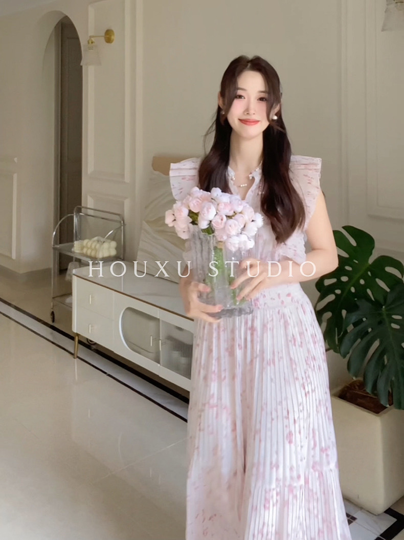 新款S家日系小飞袖收腰甜美风无袖百褶碎花连衣裙批发春夏长裙女详情16