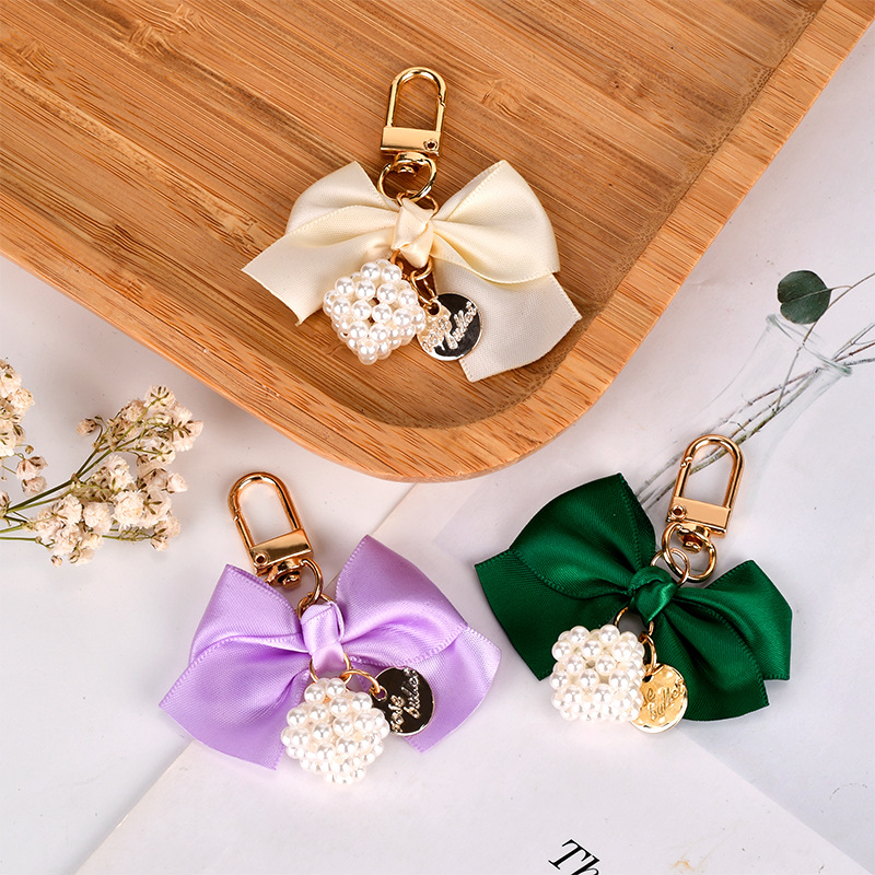 创意珍珠蝴蝶结汽车钥匙扣挂件小清新彩色织带蝴蝶结珍珠魔方配件详情12