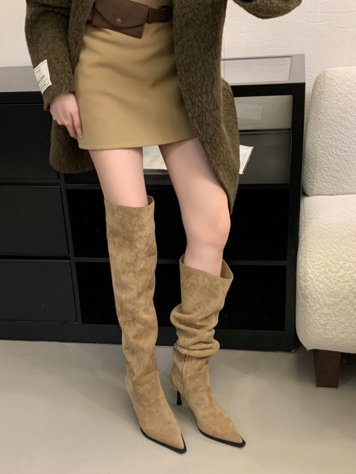 法式一靴多穿高细跟尖头堆堆过膝靴女春秋款侧拉链复古瘦瘦过膝靴详情17