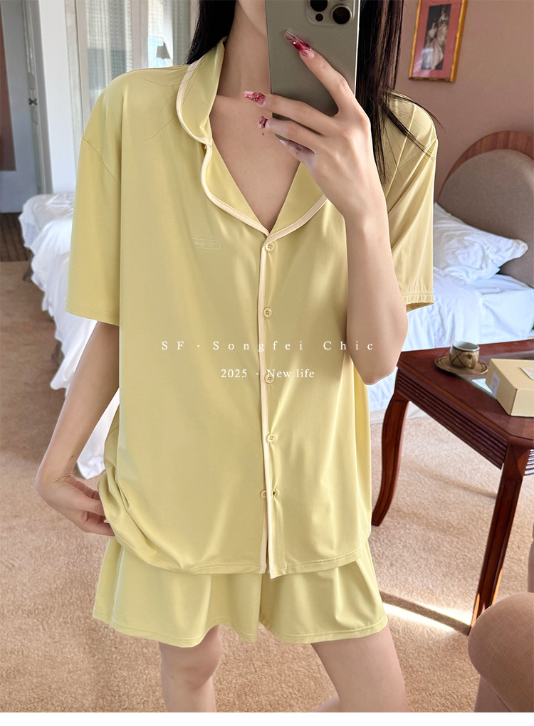 A two-piece set of casual wear for women in the original color ice leather, a summer pajama set with a cool and contrasting color, featuring new short-sleeved shirts and shorts pic 27