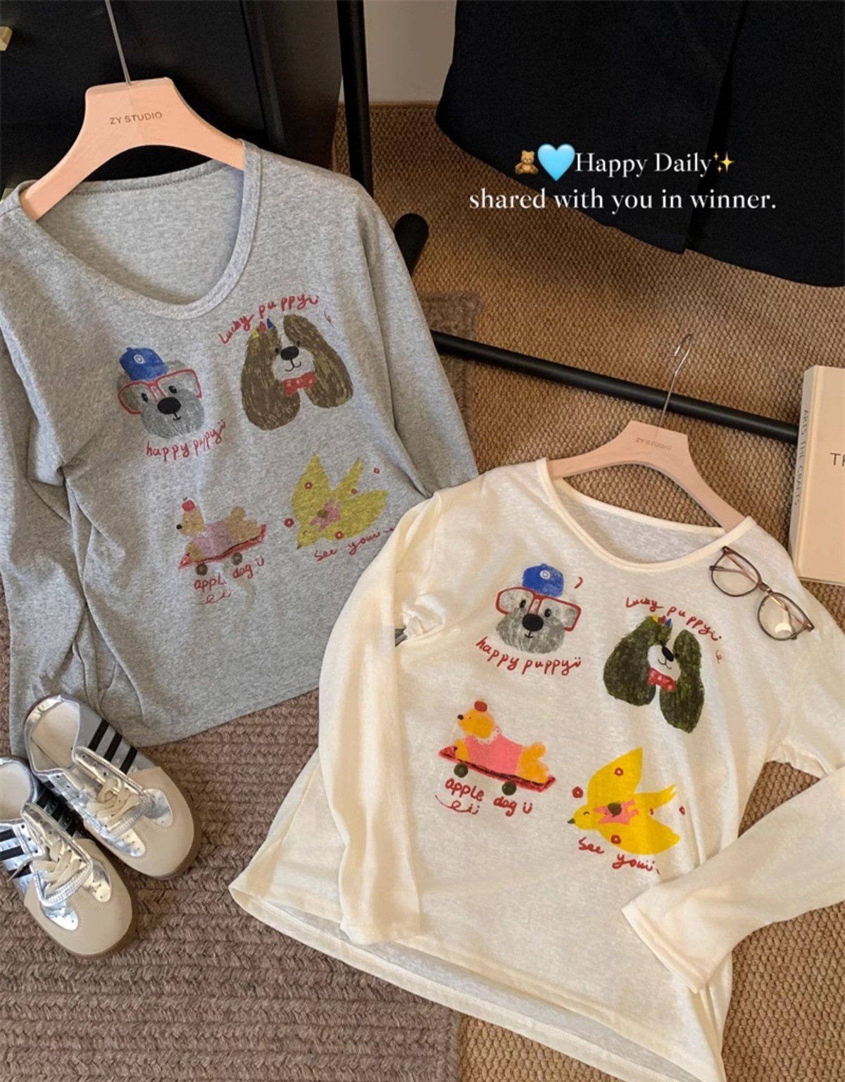 Loose-fitting, wide-necked, thin, sun-protective smock for women, summer, youthful cartoon printed long-sleeved T-shirt, U-neck top pic 10