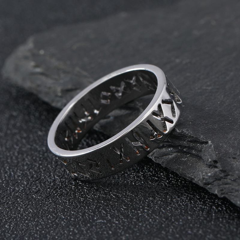 跨境激光切割不锈钢饰品 北欧镂空维京文字钛钢戒指卢恩符文厂家详情8
