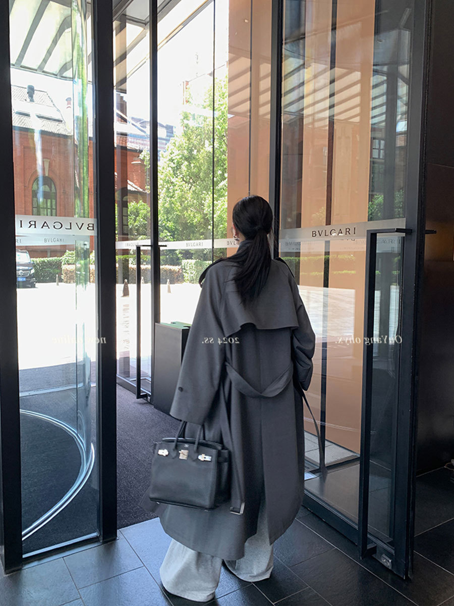 区区欧阳翻领双排扣风衣外套女秋季宽松高级感系带廓形中长款大衣详情10