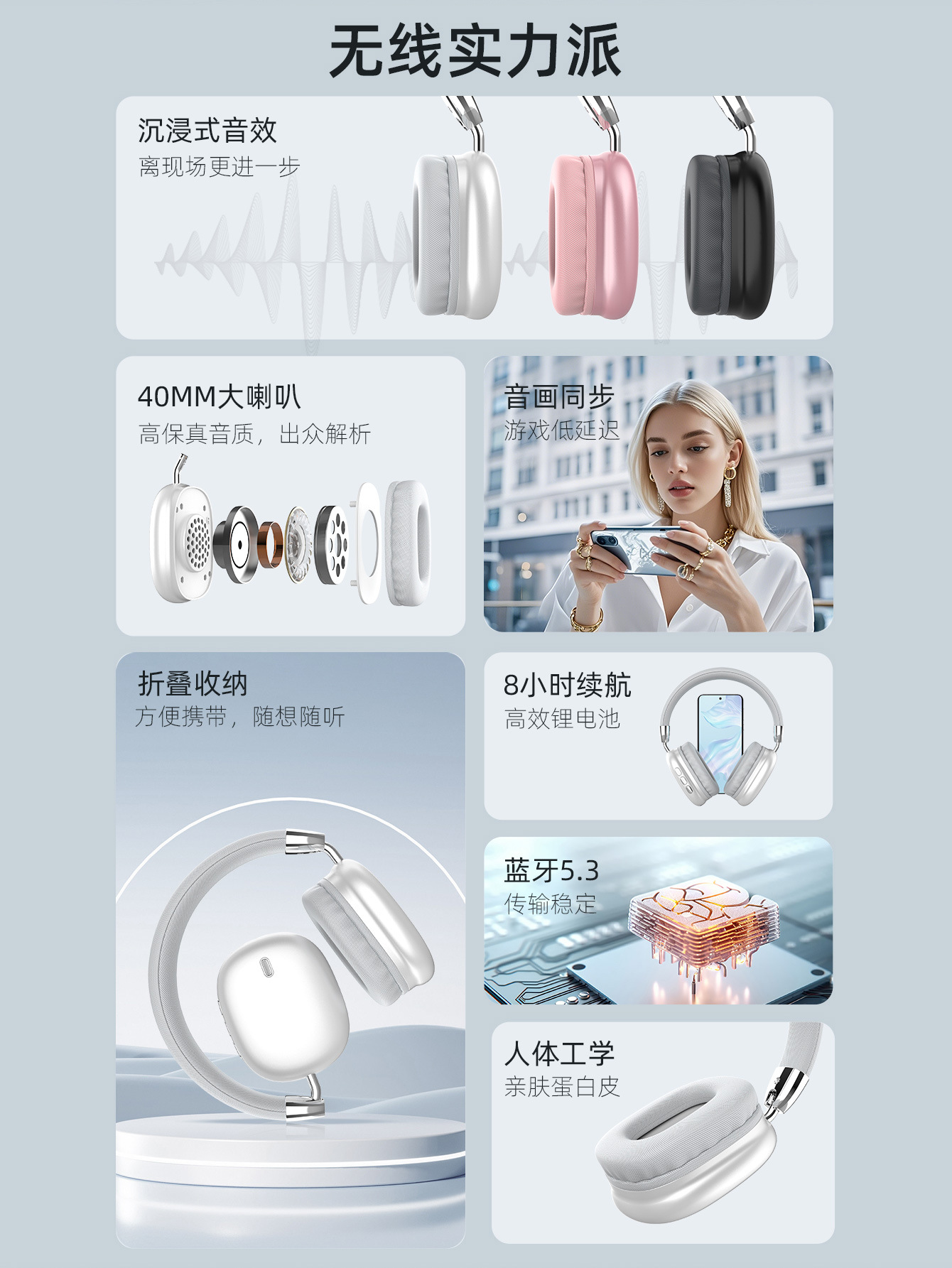 New cross-border bestseller B36 over-ear Bluetooth headphones, wireless computer, e-sports, gaming with microphone, sports, C-port for girls pic 4