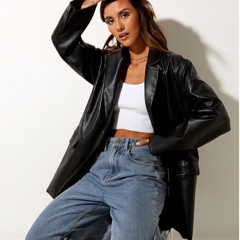 2023亚马逊女款皮衣秋冬新款 欧美黑色外套休闲保暖西装夹克女装详情8