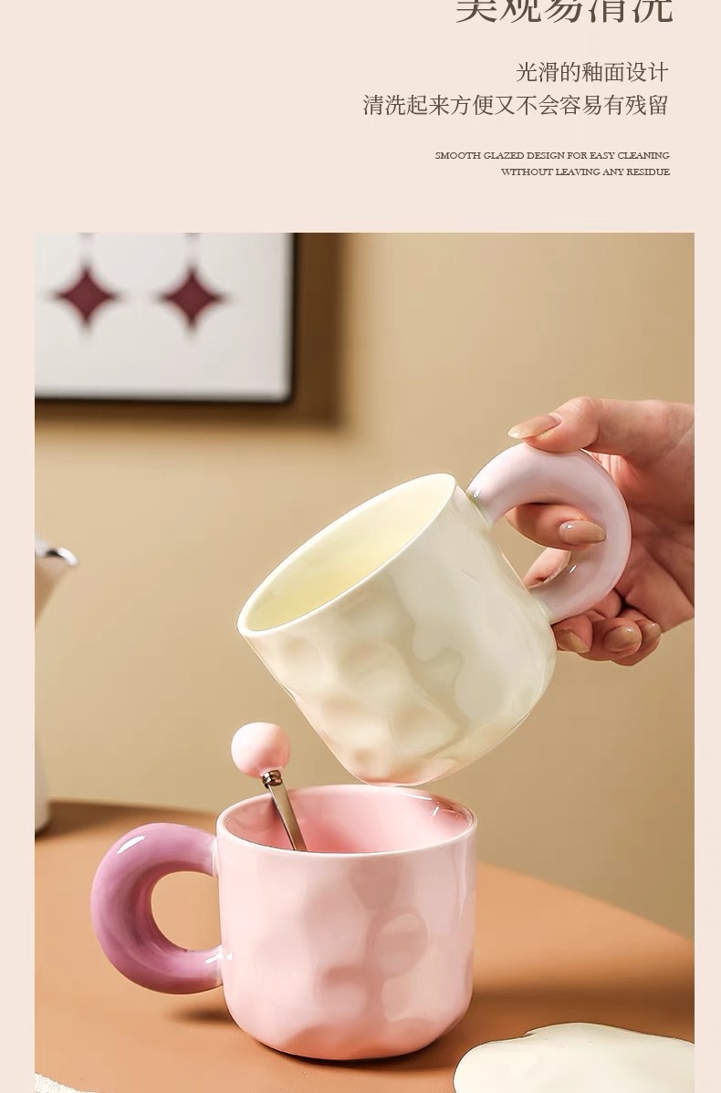 Milk fufu high-appearance-level couple cups with LIDS, spoons, contrasting colors, hand-molded patterns, large ears, ceramic cups, office home coffee pic 4
