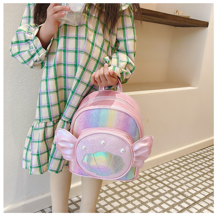 Rainbow gradient sequin backpack, pearl shell pattern, pink bow, outdoor hiking canvas schoolbag, lightweight and durable pic 18