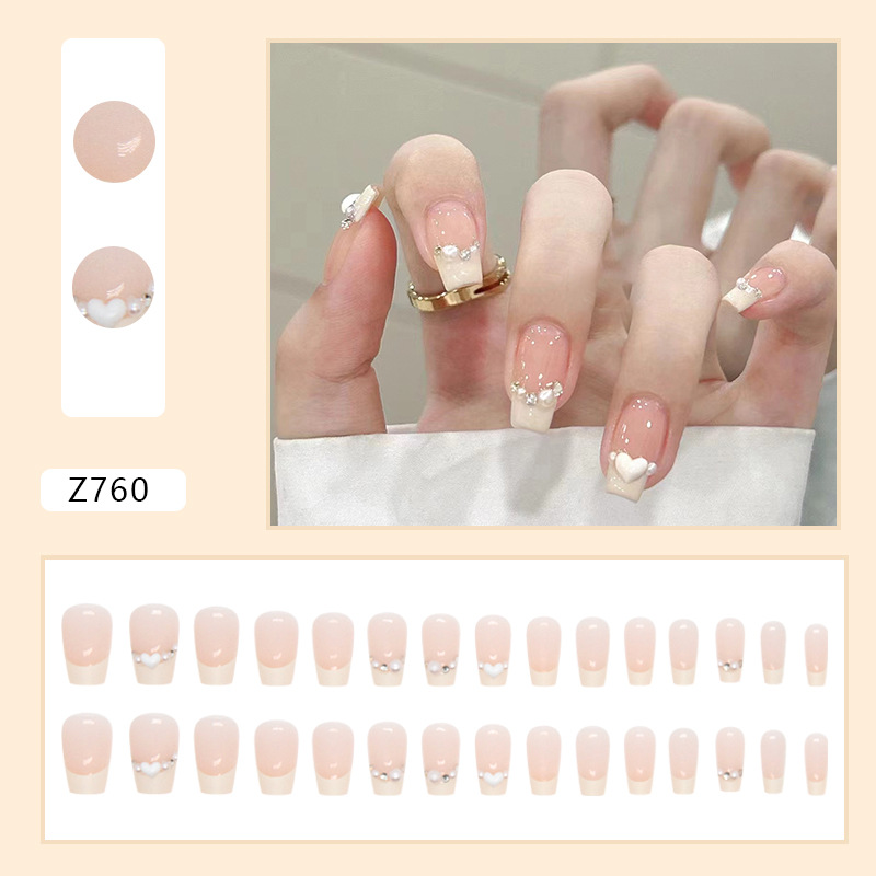 Short ballet white pearl sparkling cream yellow French cute girl false nail finished product wearable nail ins style pic 17