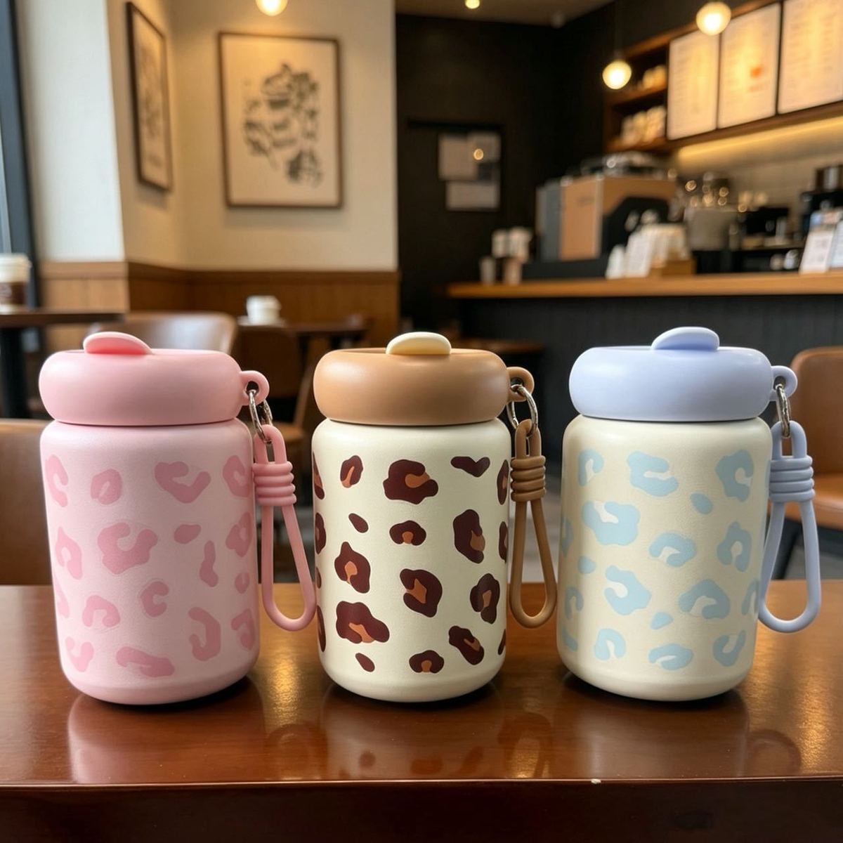 Thermos cups for girls, niche, high-appearure-level students, portable outdoor leopard print straw cups, stainless steel cups pic 1