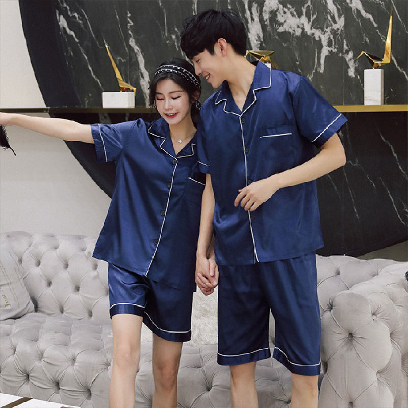 A wholesale set of short-sleeved couple pajamas for spring and autumn, featuring solid ice silk color faux silk for both men and women, can be worn as outerwear for home wear pic 15