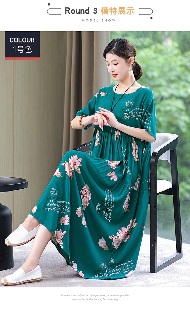 妈妈棉绸连衣裙夏季中老年女装短袖高端气质外贸人造棉裙子有口袋详情15