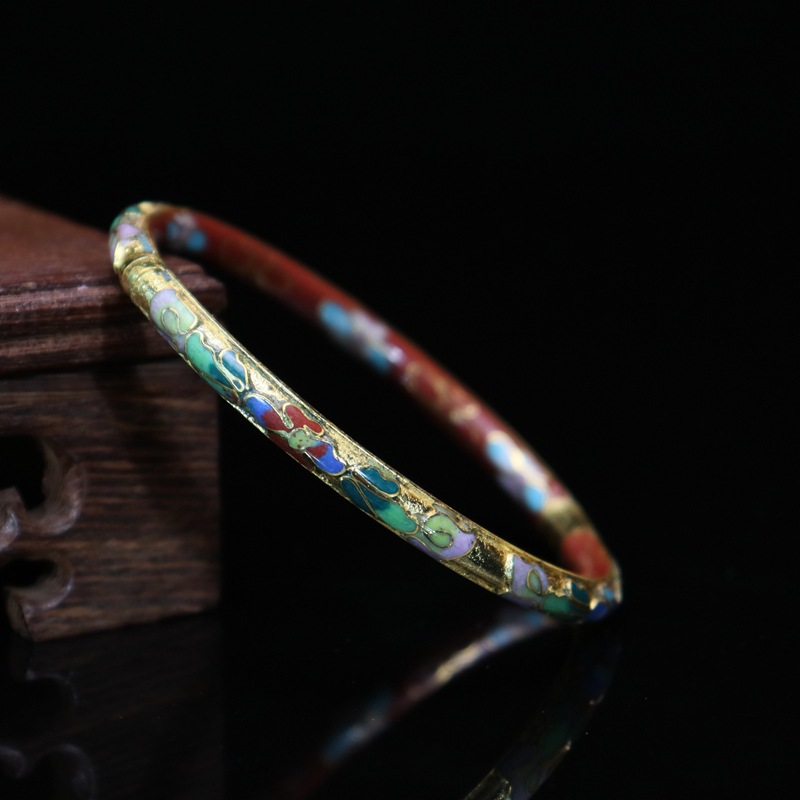 Beijing Cloisonne vintage collectibles, classical ethnic style copper body cloisonne enamel jewelry, gold base open bracelet pic 4