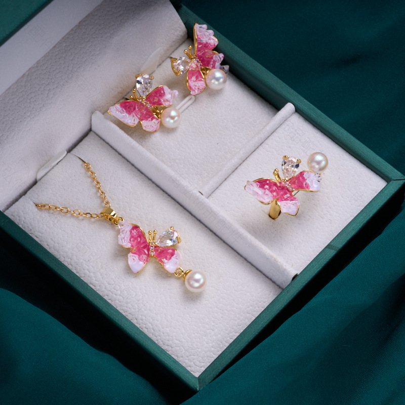 Pearl ring, earneedle pendant, three-piece set, empty stand, butterfly oil-dripping crystal, DIY light luxury, high quality Yiwu supply pic 8
