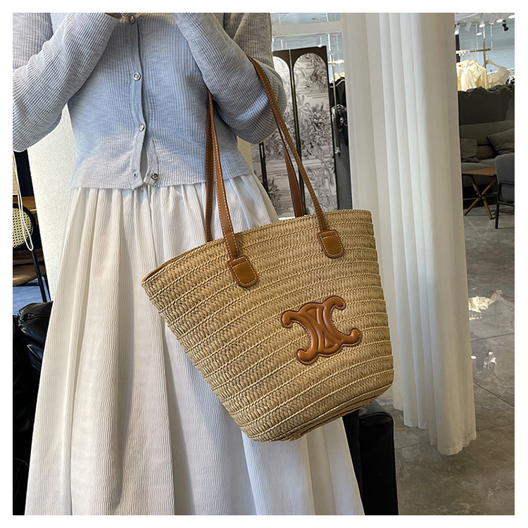 单肩草编包女士手提包大容量夏日旅游沙滩包手工编织菜篮子腋下包详情13