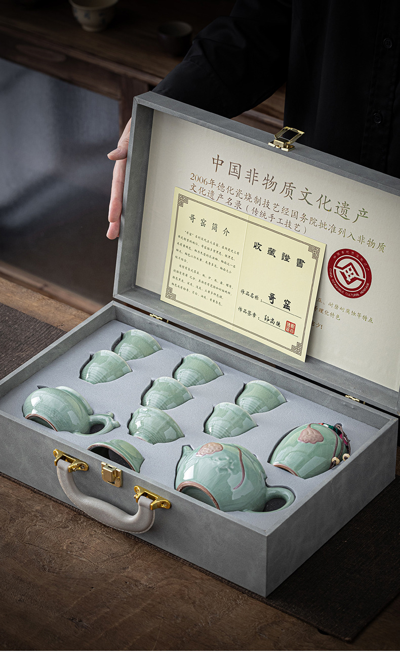 Relief Ge Kiln crackle Kung Fu tea set, a complete set of high-end ice-crack glaze ceramic for home use, practical for office use and as a gift pic 3