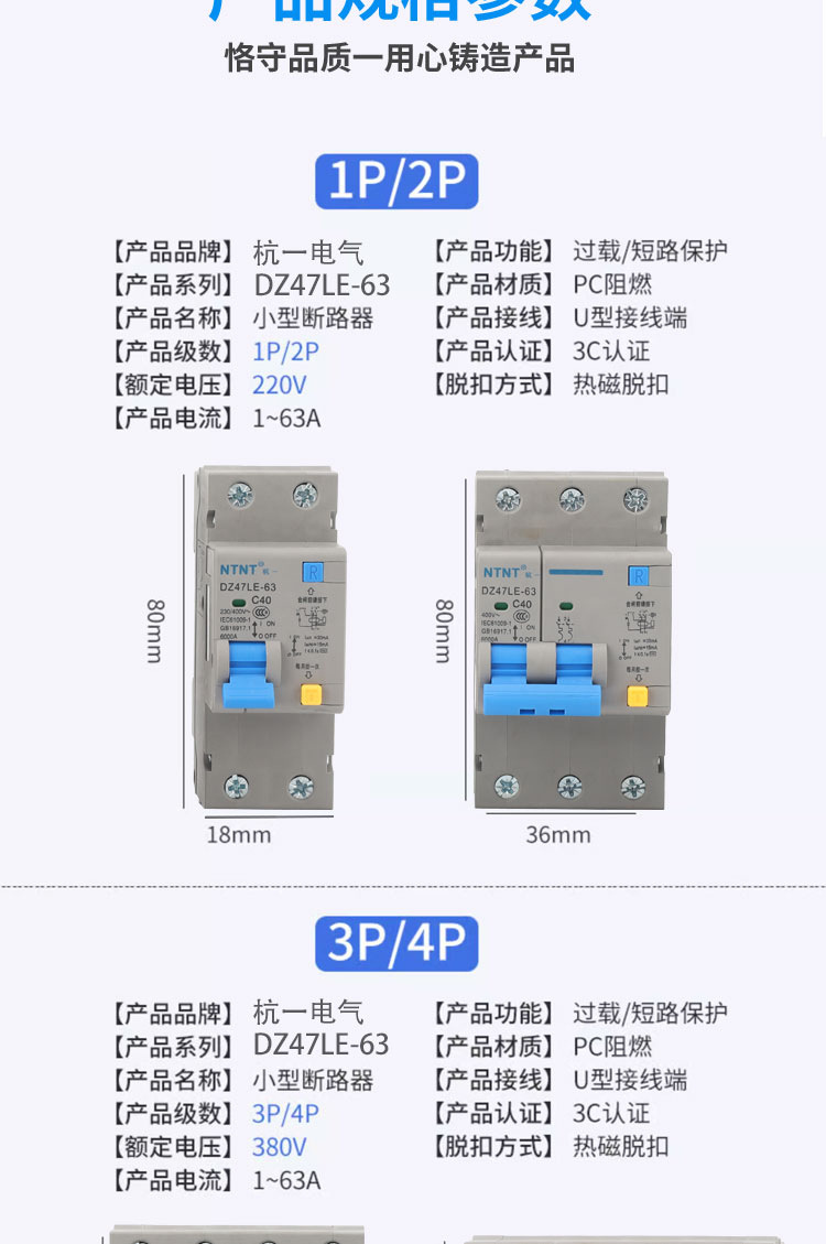 DZ47LE-63微型漏电断路器电网专用保护器小型断路器1P2P3P4P详情8