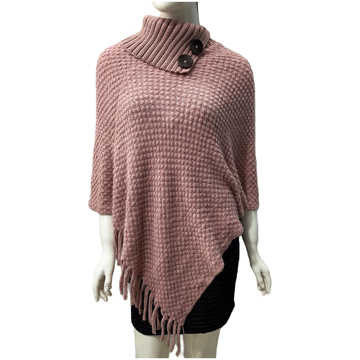 秋冬新款高领纽扣流苏女款斗篷披肩冬季保暖斗篷欧美时尚针织衫详情33