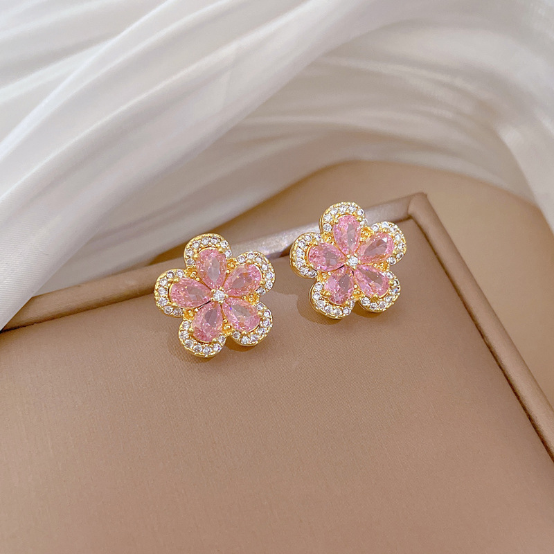 【钛钢】五叶花朵项链耳环套装轻奢微镶个性气质宴会耳饰项饰组合详情16