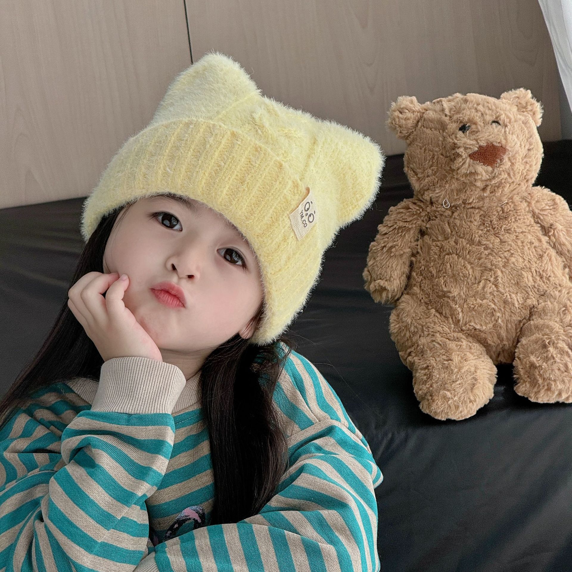 儿童针织帽日系可爱猫耳朵小标狐狸毛秋冬毛线帽防风保暖护耳帽详情9