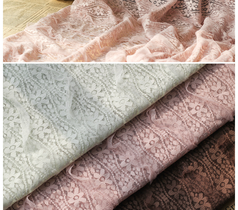 Lace wavy curved mesh fabric with black ear edge embroidery, small flower striped hook embroidery spring and summer forest-themed fabric in stock pic 12