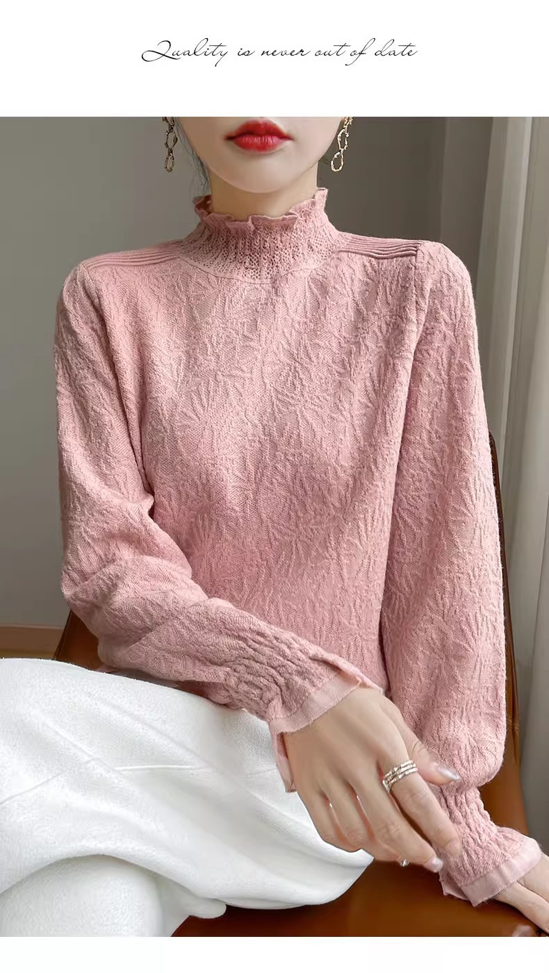 The 2025 autumn/winter new style lace and black ear-trimmed semi-high neck base layer for women is super stylish. Pair it with an A9325 sweater pic 11