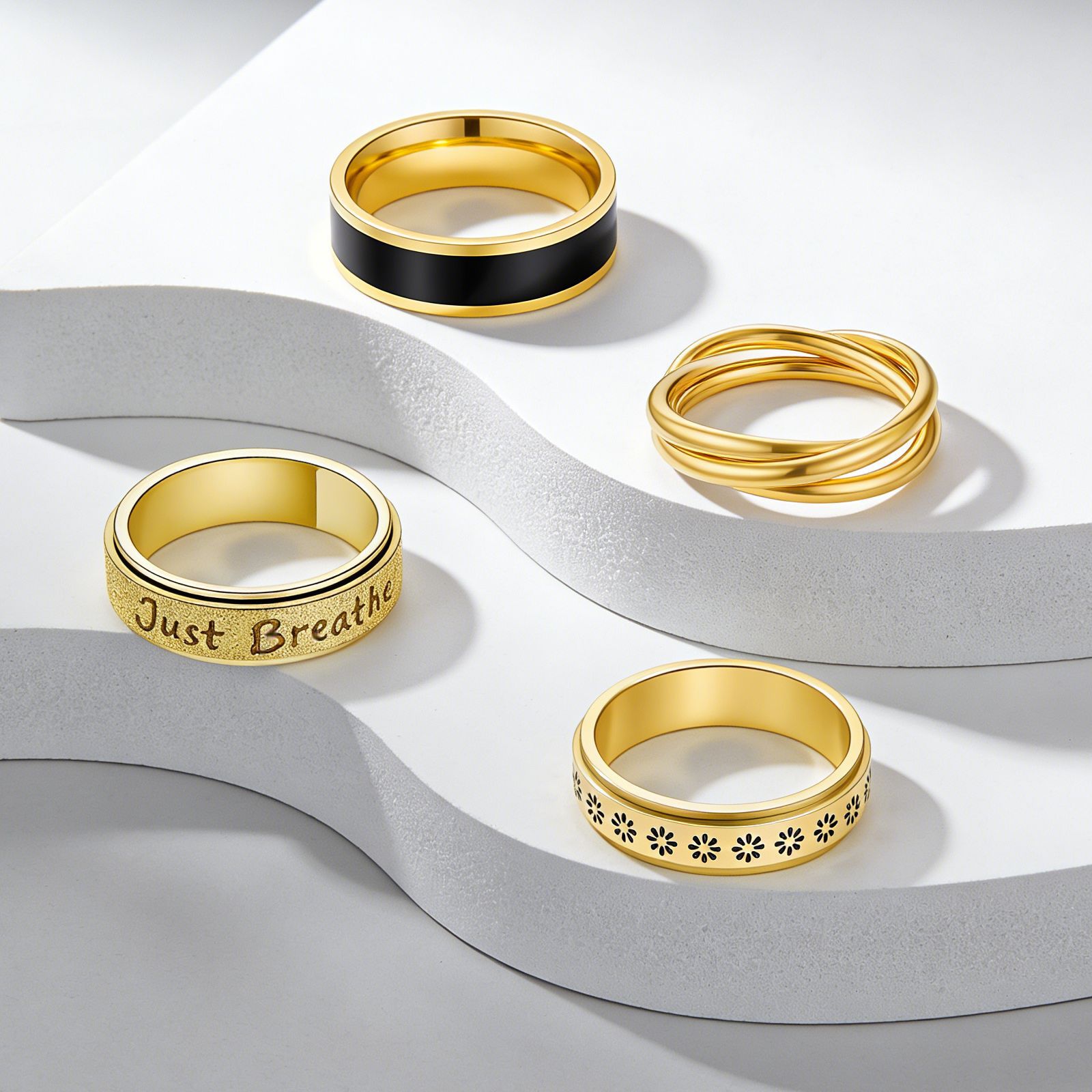 亚马逊爆款钛钢转动戒指旋转减压抗焦虑正念冥想旋转戒指小花戒指详情3