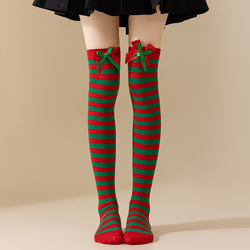 跨境圣诞节过膝袜蝴蝶结毛球长筒袜条纹袜圣诞绿白斜条纹长筒袜详情9