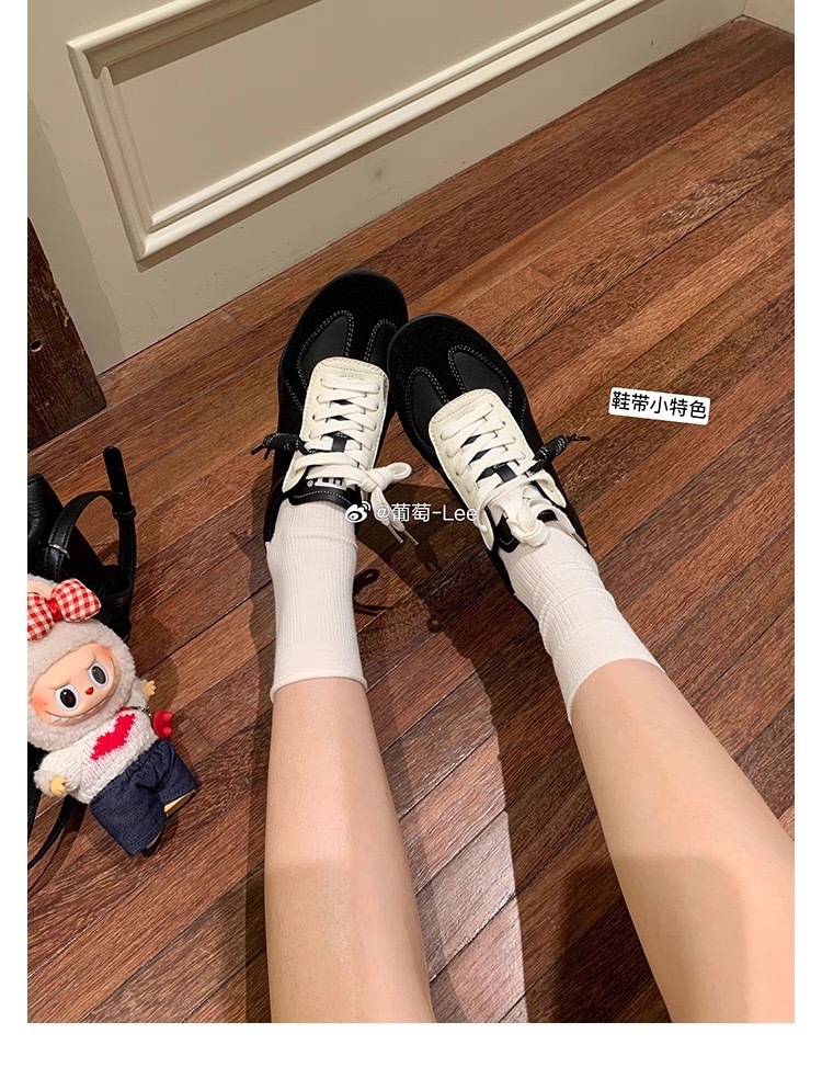 葡萄妈同款系带拼色圆头百搭舒适休闲真皮板鞋增高德训鞋女小白鞋详情9