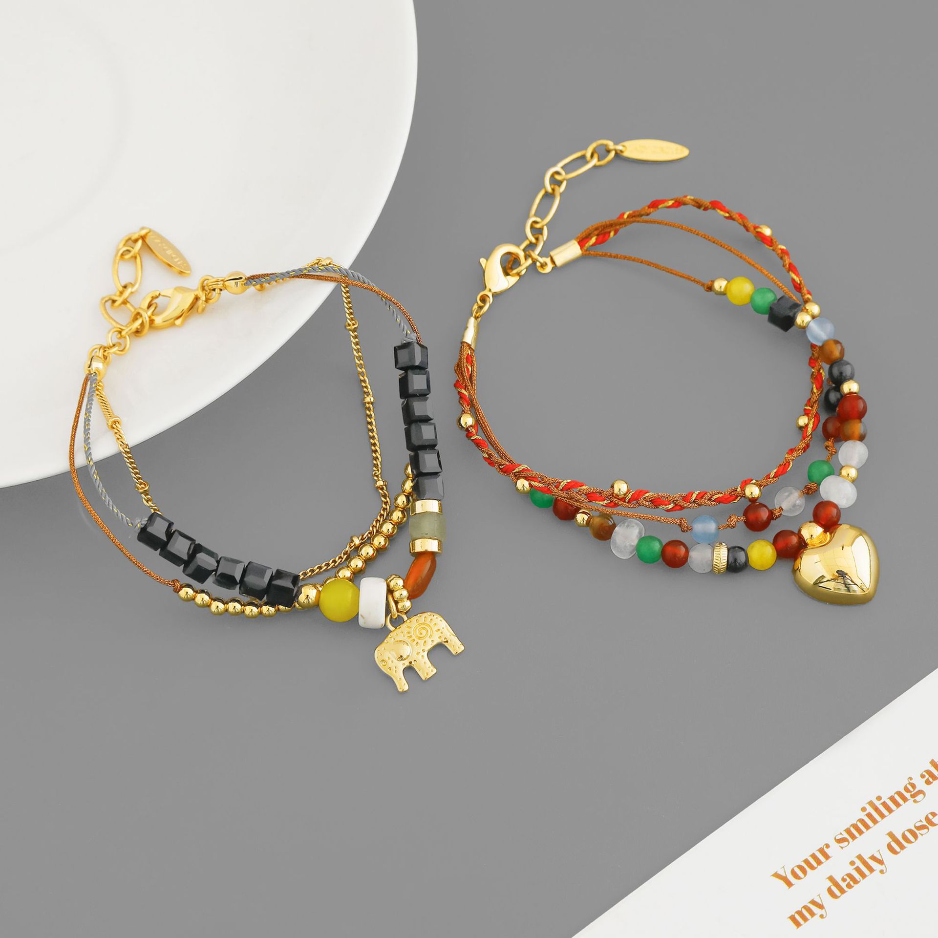 LAZY家扶桑花小岛手链 异域民族风简约手工编绳多层爱心小象手链详情6