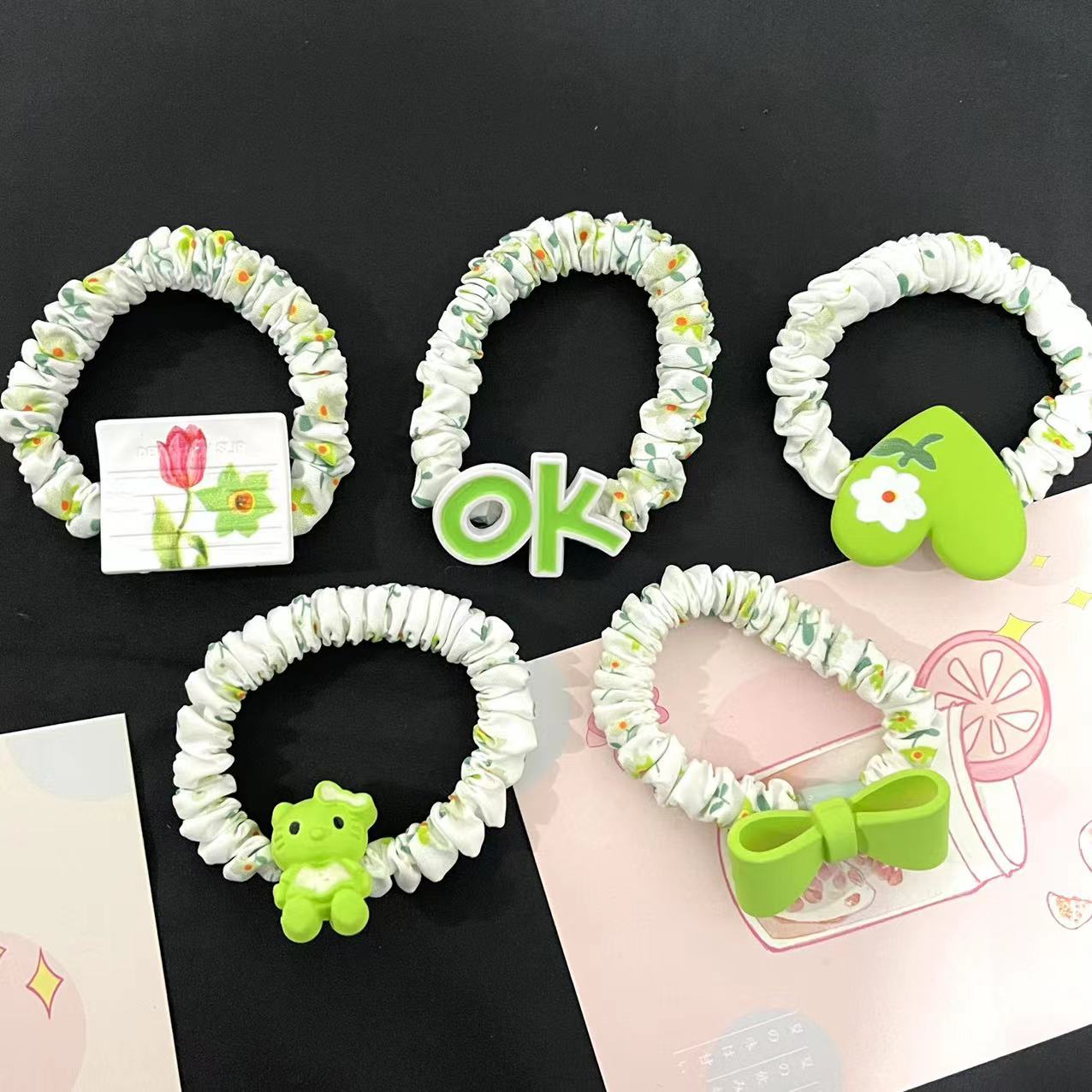 No. 11 Green Circle Mixed Style 100/ Bundle Green small intestine hair band for girls, fresh and versatile hair tie tied in ponytail, rubber band for girls, Korean version spring hair tie and hair accessory pic 5