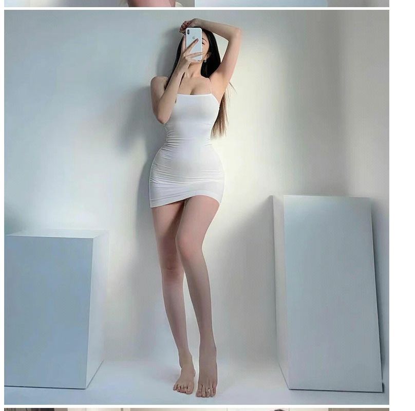 纯色紧身平口吊带连衣裙女夏季新款女装弹力修身低胸辣妹包臀短裙详情1