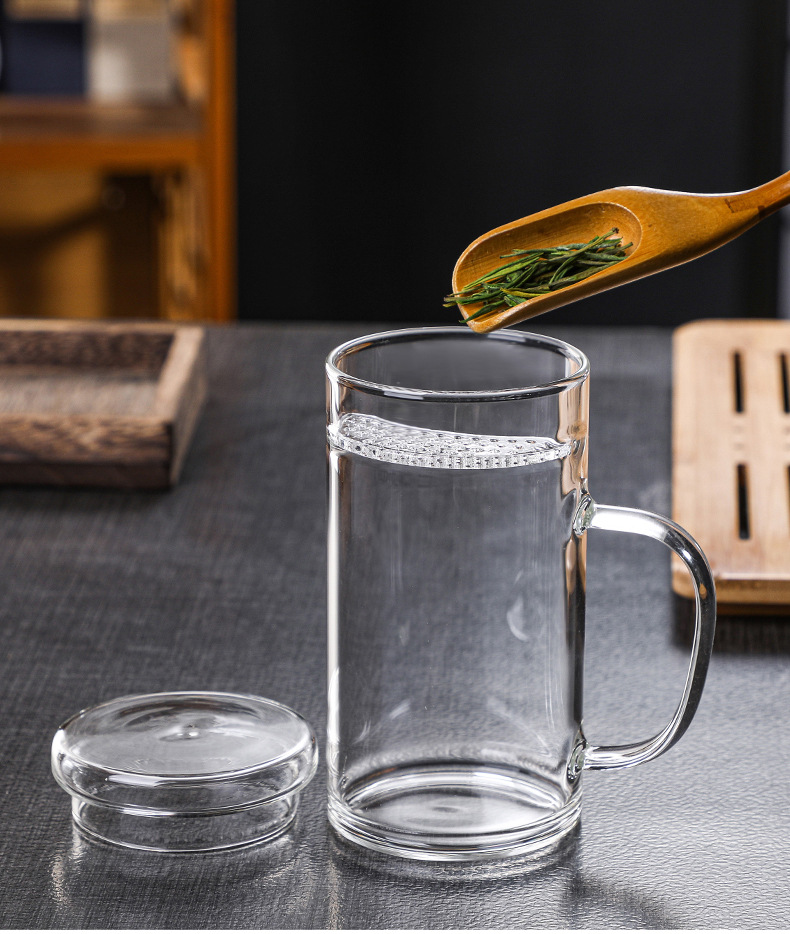 Factory wholesale glass crescent-shaped cups, household green tea cups, heat-resistant glass cups with built-in filters, and tea brewing cups with handles pic 11