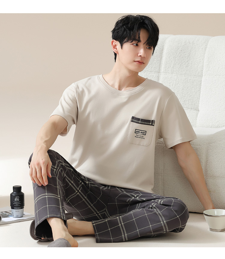 Summer pure cotton pajamas for men, cartoon casual short-sleeved shirts and long pants, pure cotton comfortable home wear, summer youth student set pic 18