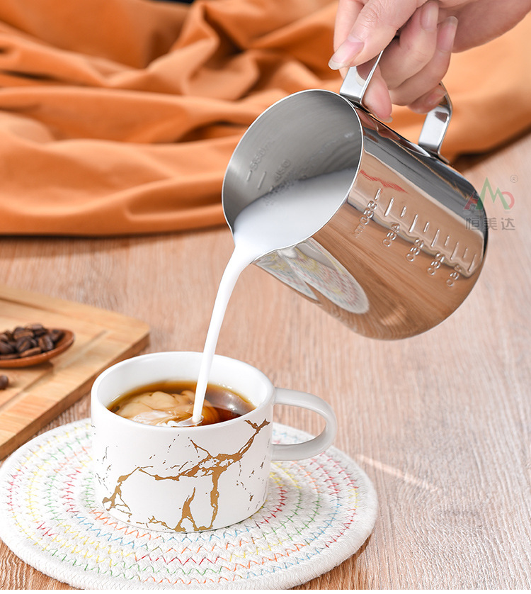 Cross-border bestseller stainless steel latte art cup with scale, latte art jar, pointed spout, household latte art tool, milk foam cup 350ml pic 21