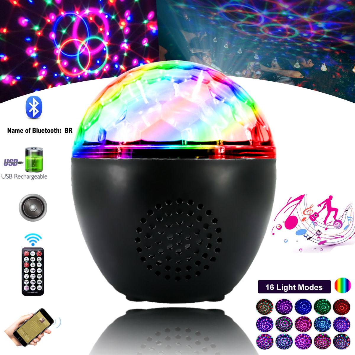 Bluetooth magic ball light, LED stage with sound box, crystal disco party, disco atmosphere, projection gift pic 18