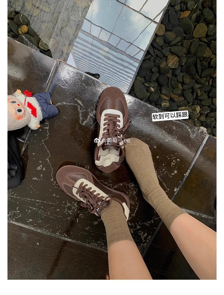 葡萄妈同款系带拼色圆头百搭舒适休闲真皮板鞋增高德训鞋女小白鞋详情16