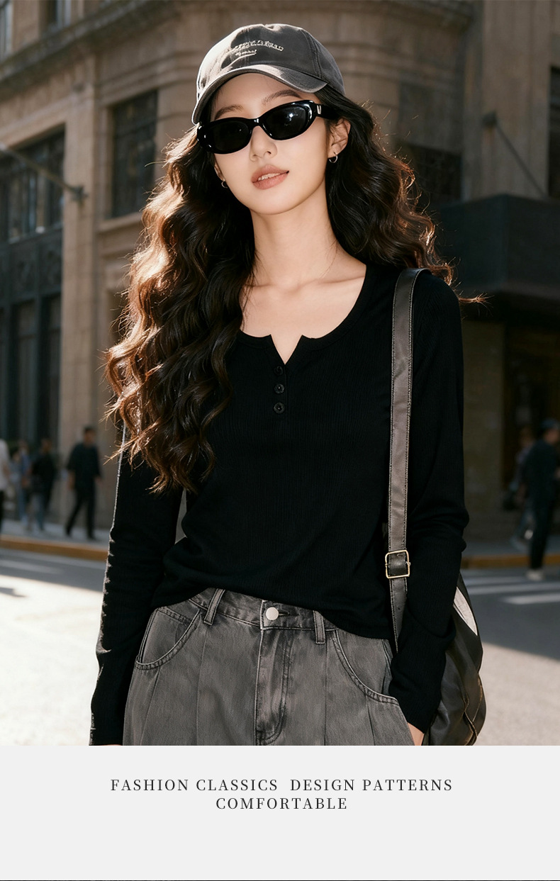 Factory wholesale semi-open round-neck T-shirt for women 2026 new Spring and autumn style slimming top long-sleeved versatile base layer pic 11