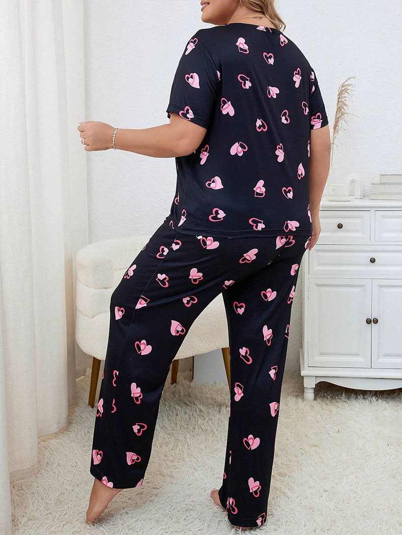 跨境秋冬季大码睡衣女爱心印花圆领短袖长裤欧美家居服套装Pajama详情10