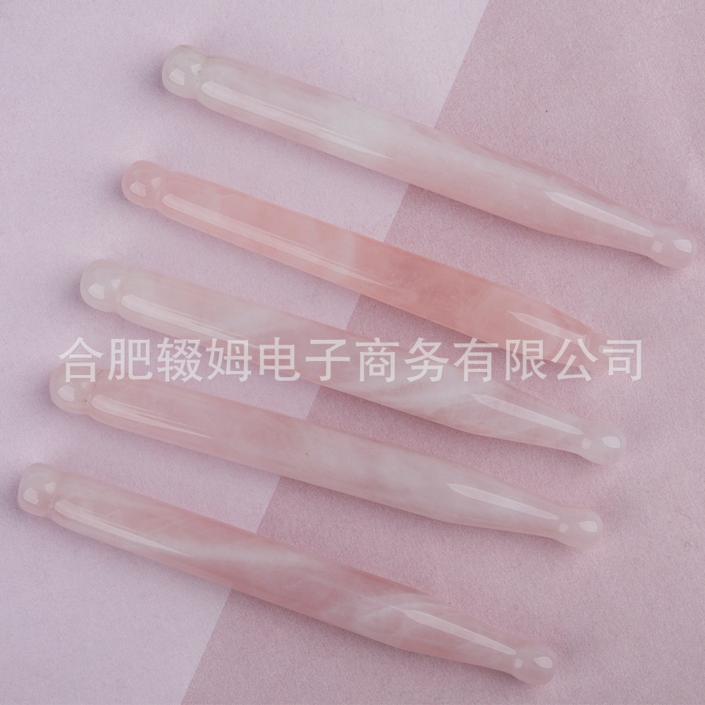 批发外贸天然粉晶玉石按摩器脸部面部刮板质感温润手工打磨穴位笔详情5